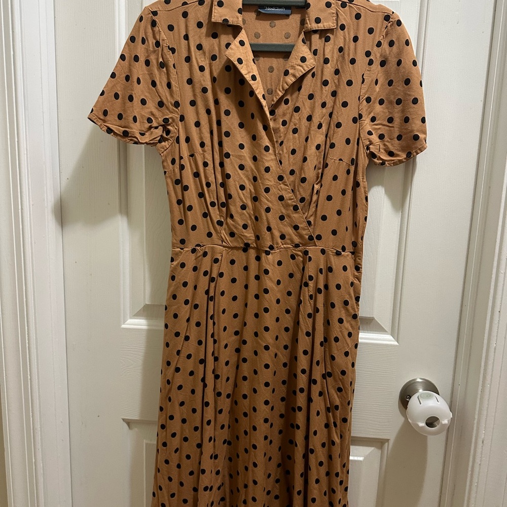 Modcloth Tan and Black Polka Dot Midi Dress
